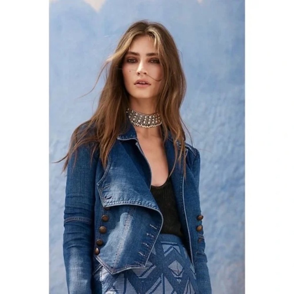Free People Denim Military Band Jacket